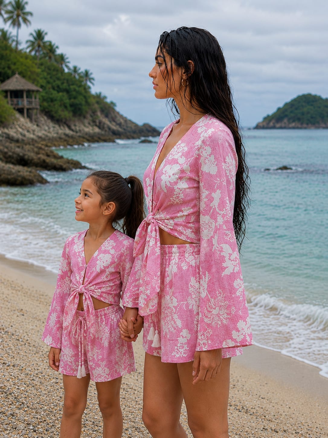 Mom & Daughter Pink Floral Printed Cotton Beach Wear Set with Bell Sleeve Tie-Up Top & Tassel Shorts