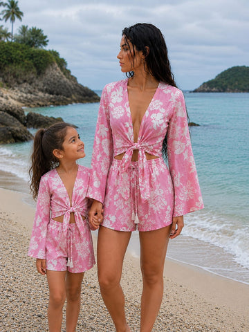 Mom & Daughter Pink Floral Printed Cotton Beach Wear Set with Bell Sleeve Tie-Up Top & Tassel Shorts