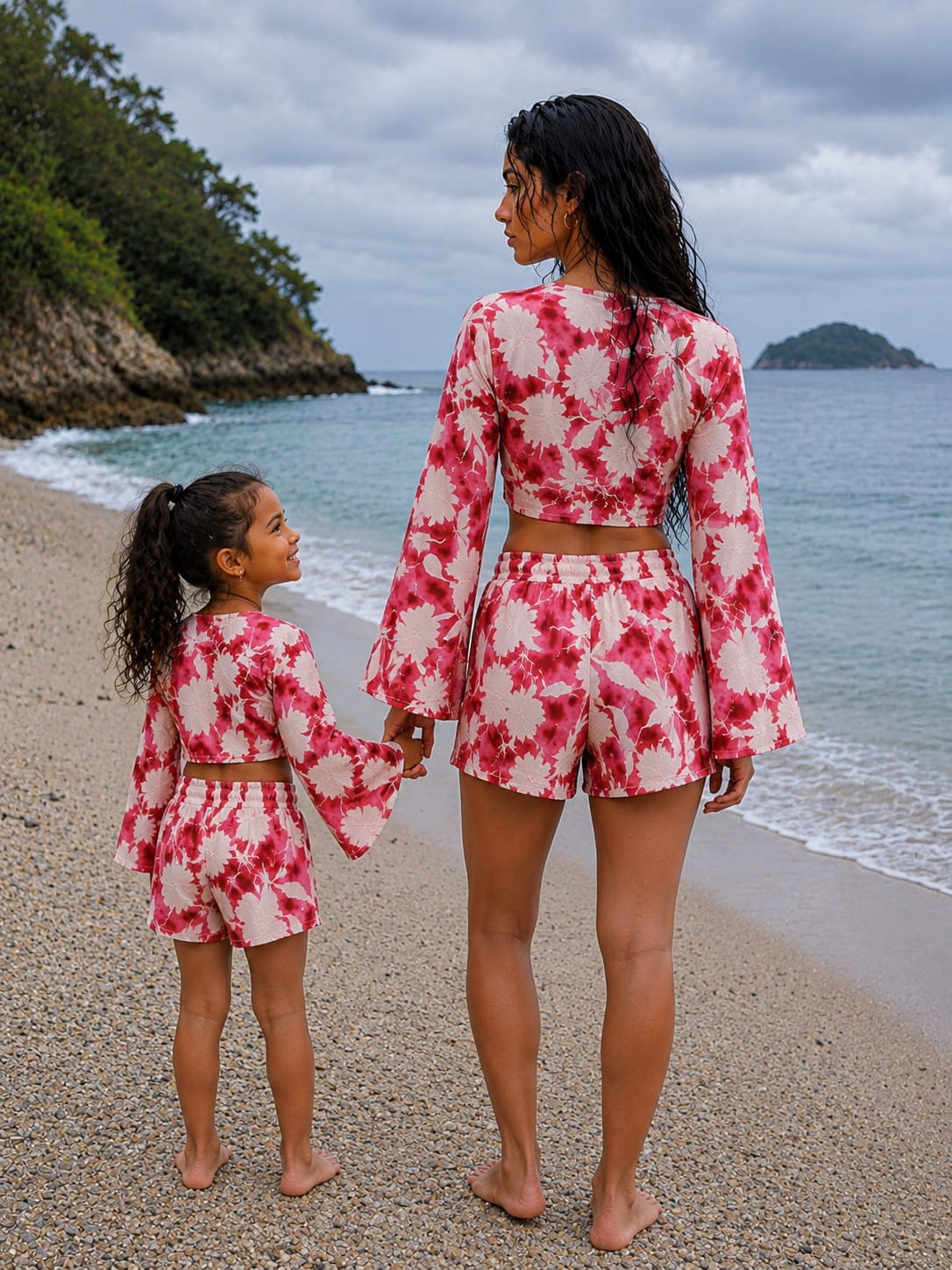 Mom & Daughter Red and White Floral Printed Cotton Beach Wear Set with Bell Sleeve Tie-Up Top & Tassel Shorts