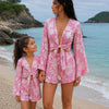 Mom & Daughter Pink Floral Printed Cotton Beach Wear Set with Bell Sleeve Tie-Up Top & Tassel Shorts