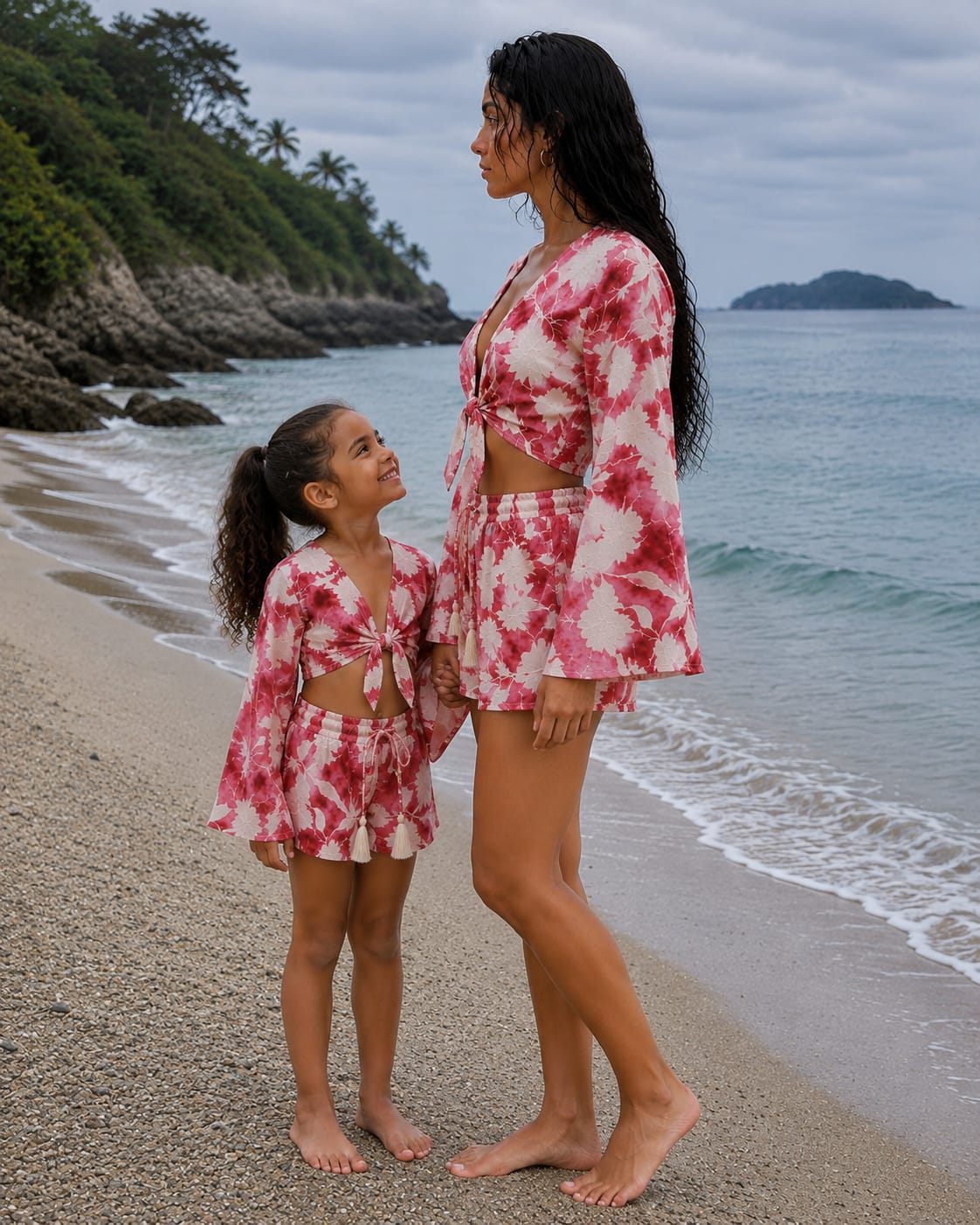 Mom & Daughter Red and White Floral Printed Cotton Beach Wear Set with Bell Sleeve Tie-Up Top & Tassel Shorts