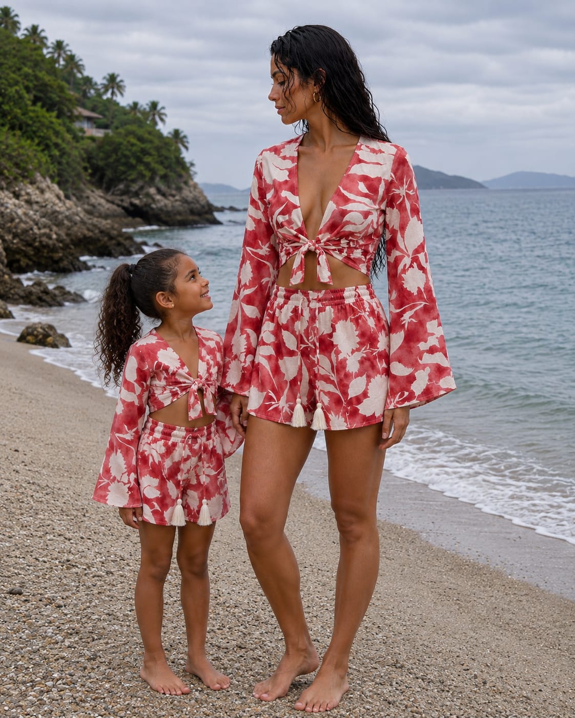 Mom & Daughter Red and White Floral Printed Cotton Beach Wear Set with Bell Sleeve Tie-Up Top & Tassel Shorts
