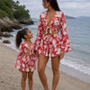 Mom & Daughter Red and White Floral Printed Cotton Beach Wear Set with Bell Sleeve Tie-Up Top & Tassel Shorts