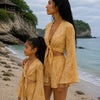 Mom & Daughter Mustard Yellow Printed Cotton Beach Wear Set with Bell Sleeve Tie-Up Top & Tassel Shorts