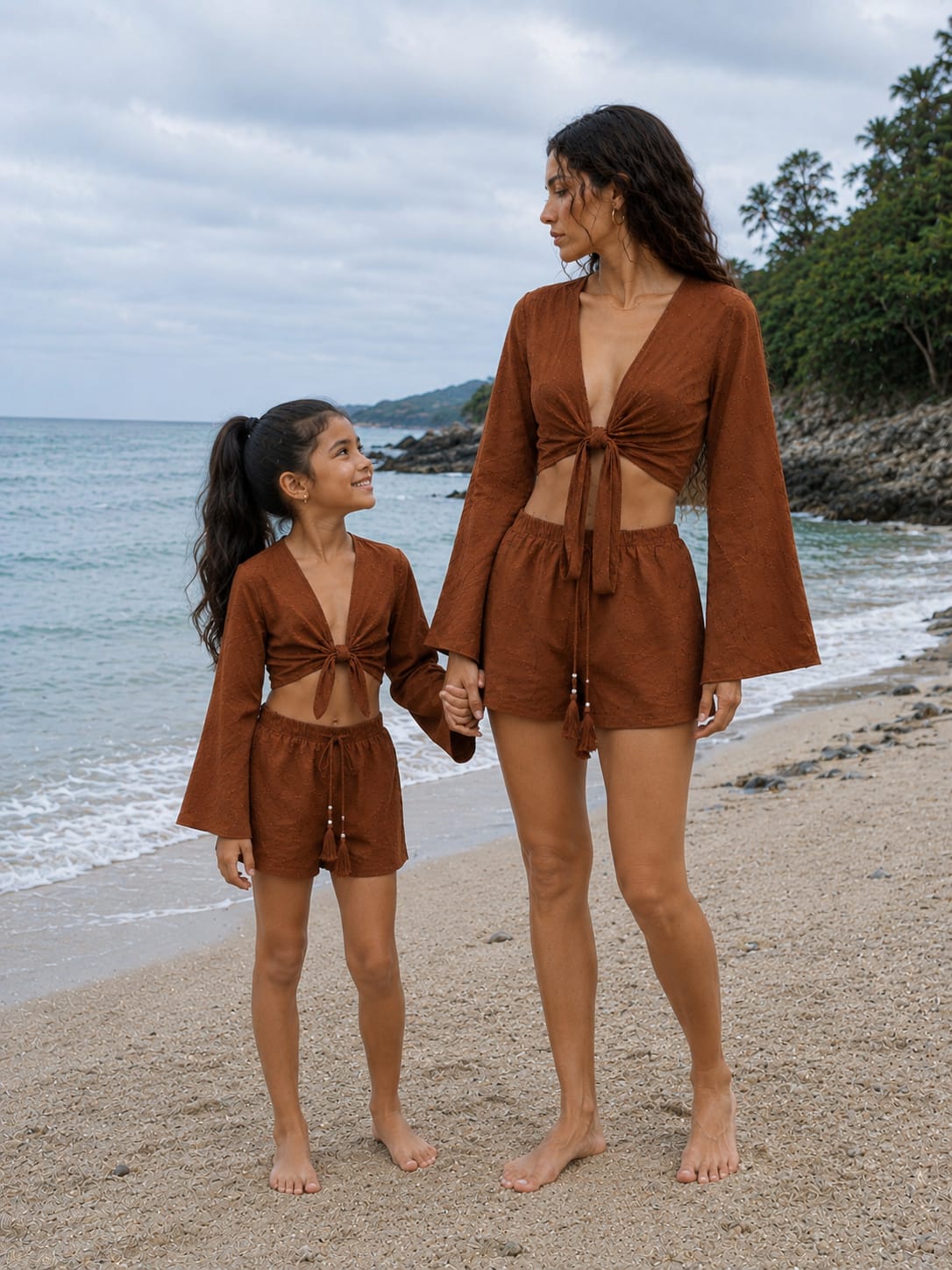 Mom & Daughter Rust Brown Cotton Beach Wear Set with Bell Sleeve Tie-Up Top & Tassel Shorts