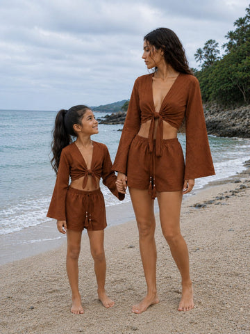 Mom & Daughter Rust Brown Cotton Beach Wear Set with Bell Sleeve Tie-Up Top & Tassel Shorts