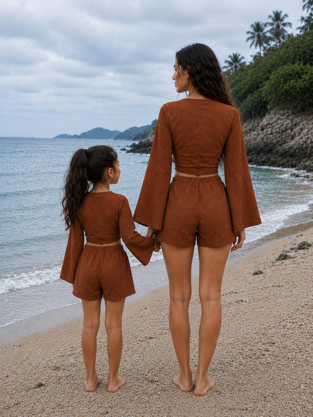 Mom & Daughter Rust Brown Cotton Beach Wear Set with Bell Sleeve Tie-Up Top & Tassel Shorts