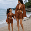 Mom & Daughter Rust Brown Cotton Beach Wear Set with Bell Sleeve Tie-Up Top & Tassel Shorts