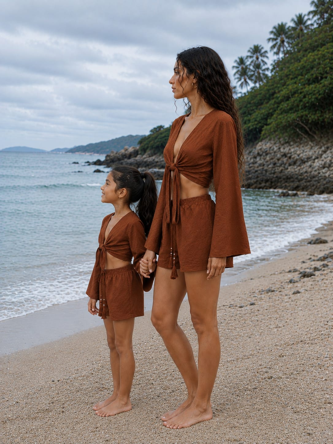 Mom & Daughter Rust Brown Cotton Beach Wear Set with Bell Sleeve Tie-Up Top & Tassel Shorts
