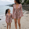 Mom & Daughter Dusty Pink Daisy Floral Printed Cotton Beach Wear Set with Bell Sleeve Tie-Up Top & Tassel Shorts