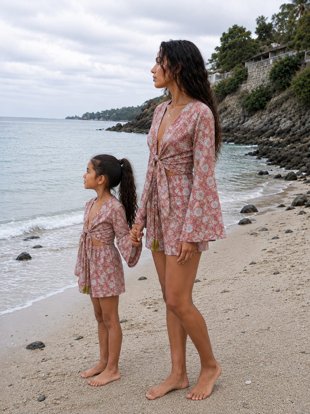 Mom & Daughter Dusty Pink Daisy Floral Printed Cotton Beach Wear Set with Bell Sleeve Tie-Up Top & Tassel Shorts