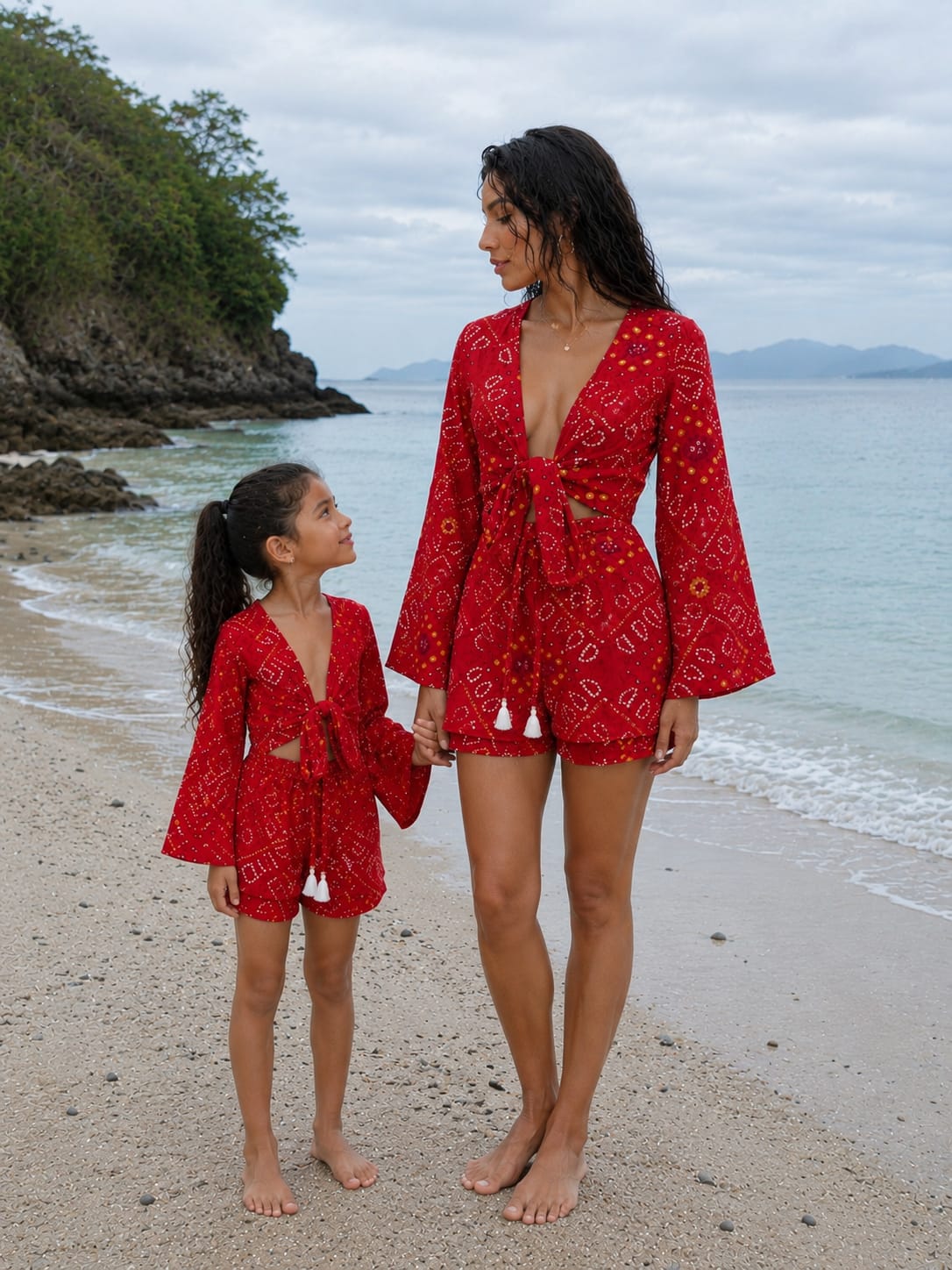 Mom & Daughter Red Bandhani Printed Cotton Beach Wear Set with Bell Sleeve Tie-Up Top & Tassel Shorts