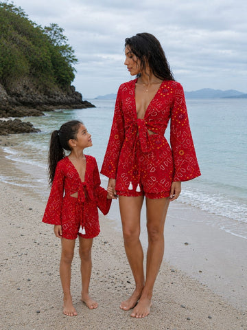 Mom & Daughter Red Bandhani Printed Cotton Beach Wear Set with Bell Sleeve Tie-Up Top & Tassel Shorts