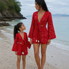 Mom & Daughter Red Bandhani Printed Cotton Beach Wear Set with Bell Sleeve Tie-Up Top & Tassel Shorts