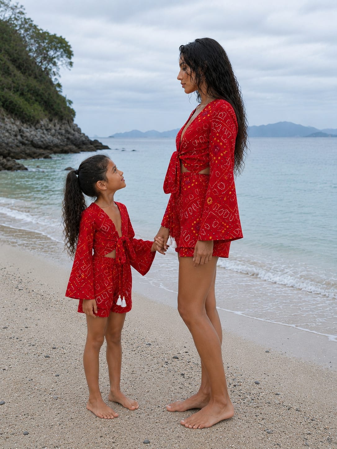 Mom & Daughter Red Bandhani Printed Cotton Beach Wear Set with Bell Sleeve Tie-Up Top & Tassel Shorts