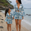 Mom & Daughter Sky Blue Floral Printed Cotton Beach Wear Set with Bell Sleeve Tie-Up Top & Tassel Shorts