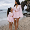 Mom & Daughter Baby Pink Cotton Beach Wear Set with Bell Sleeve Tie-Up Top & Tassel Shorts