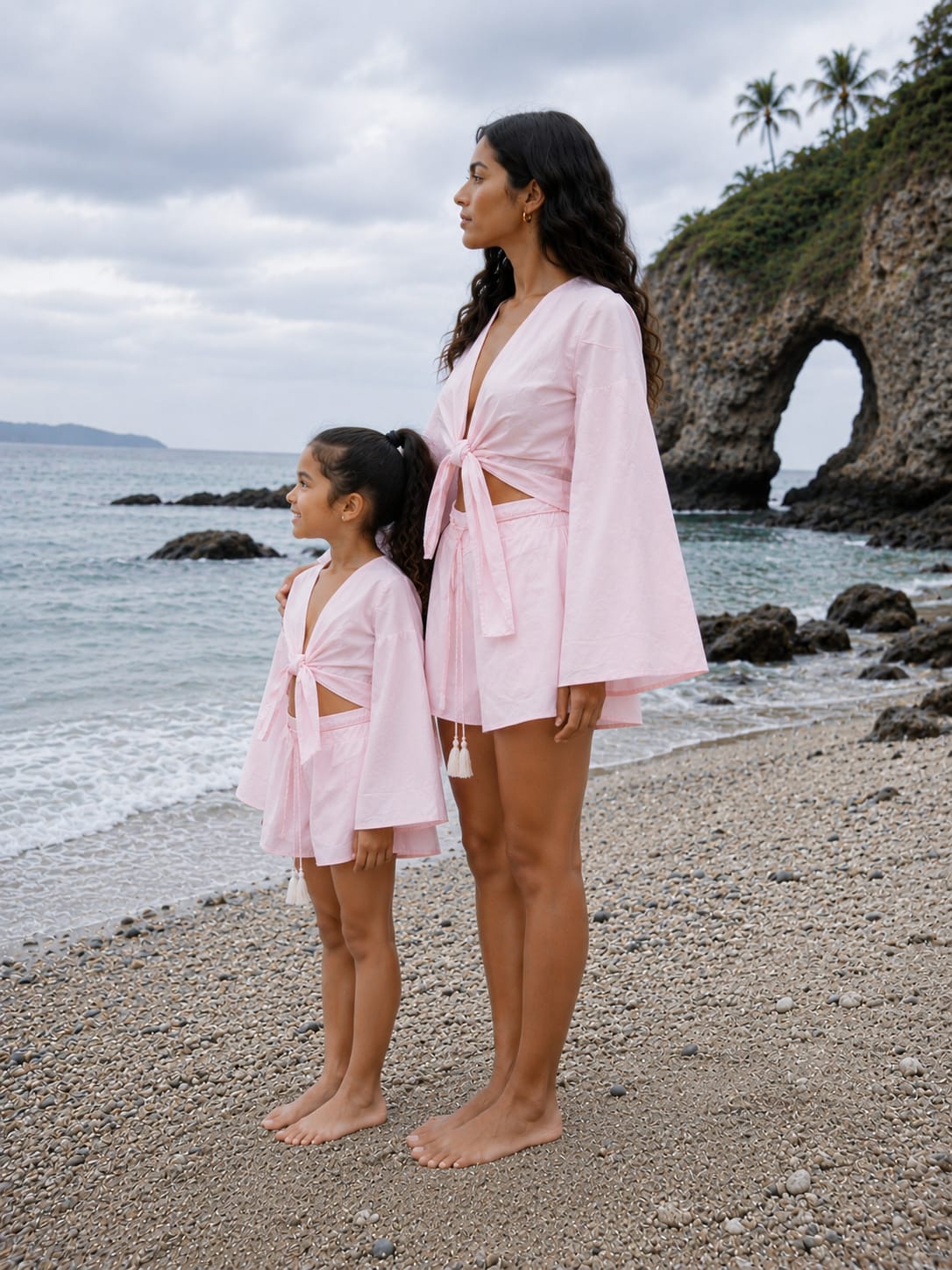Mom & Daughter Baby Pink Cotton Beach Wear Set with Bell Sleeve Tie-Up Top & Tassel Shorts