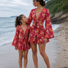 Mom & Daughter Wine Red Floral Printed Cotton Beach Wear Set with Bell Sleeve Tie-Up Top & Tassel Shorts