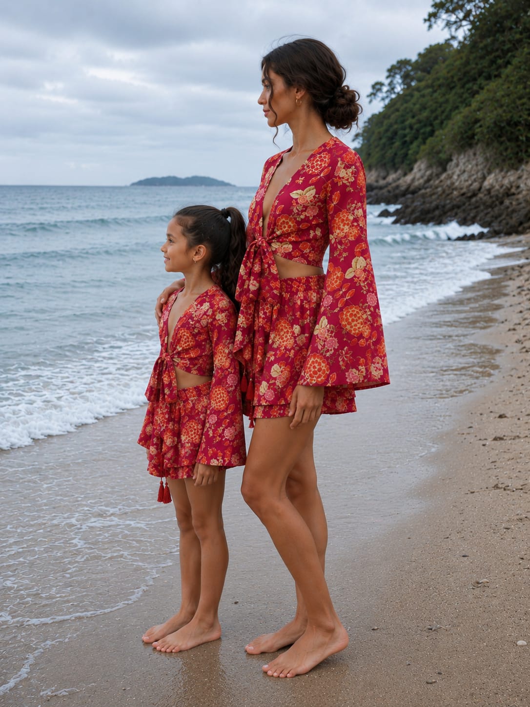 Mom & Daughter Wine Red Floral Printed Cotton Beach Wear Set with Bell Sleeve Tie-Up Top & Tassel Shorts