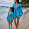 Mom & Daughter Turquoise Blue Abstract Printed Cotton Beach Wear Set with Bell Sleeve Tie-Up Top & Tassel Shorts