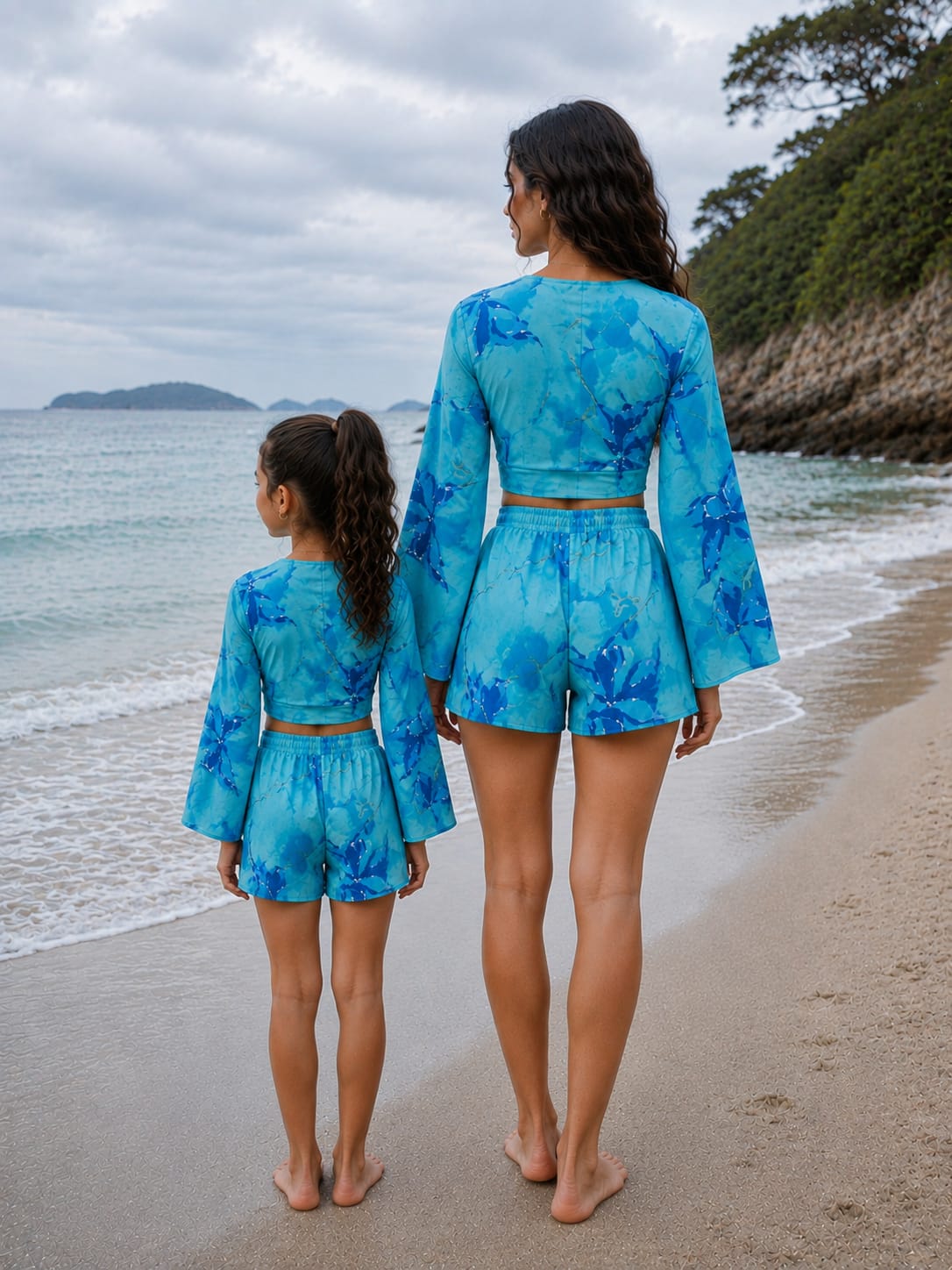 Mom & Daughter Turquoise Blue Abstract Printed Cotton Beach Wear Set with Bell Sleeve Tie-Up Top & Tassel Shorts