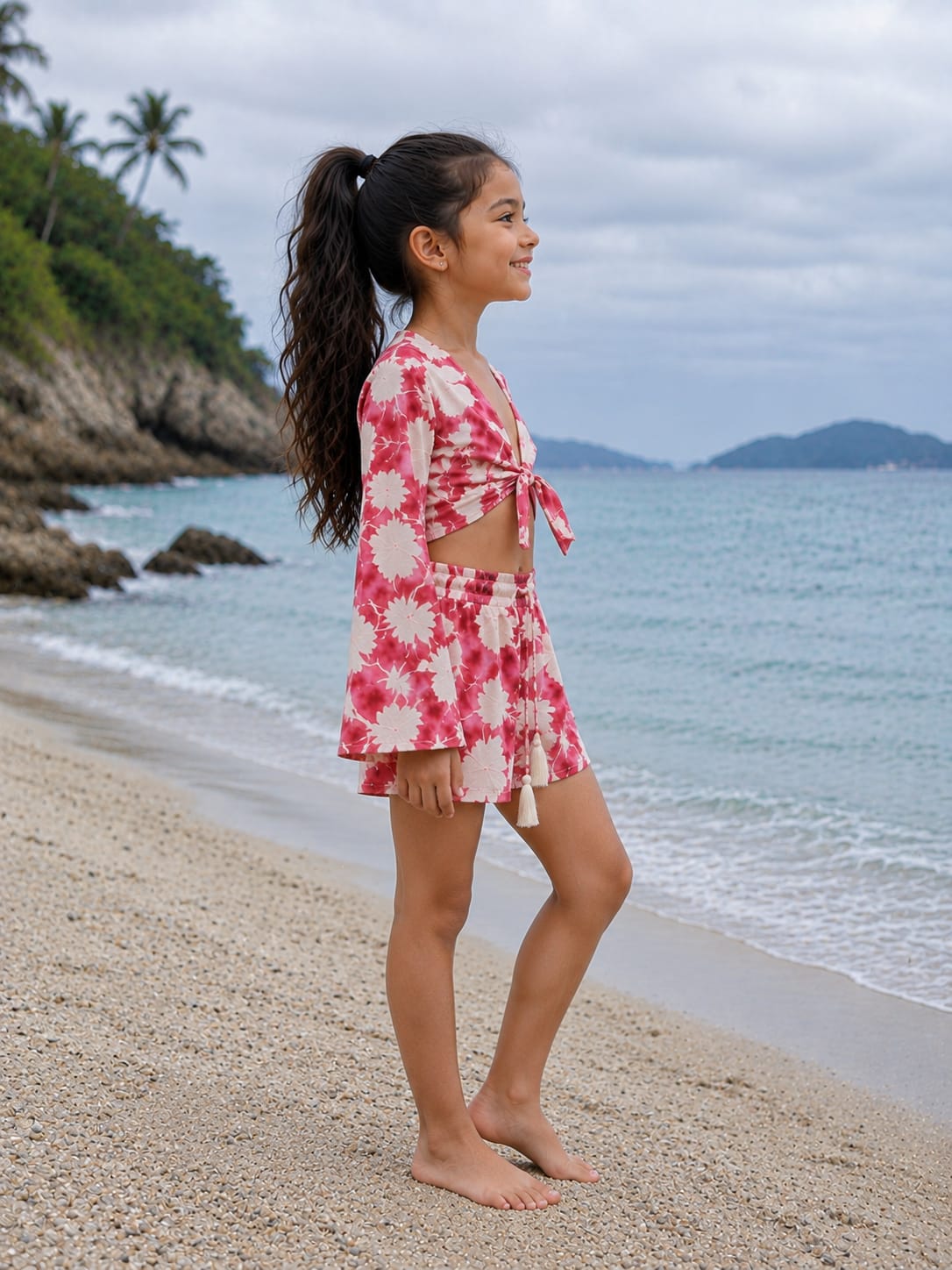 Girl’s Pink Floral Printed Cotton Beach Wear Set with Bell Sleeve Tie-Up Top & Tassel Shorts