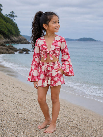 Girl’s Pink Floral Printed Cotton Beach Wear Set with Bell Sleeve Tie-Up Top & Tassel Shorts