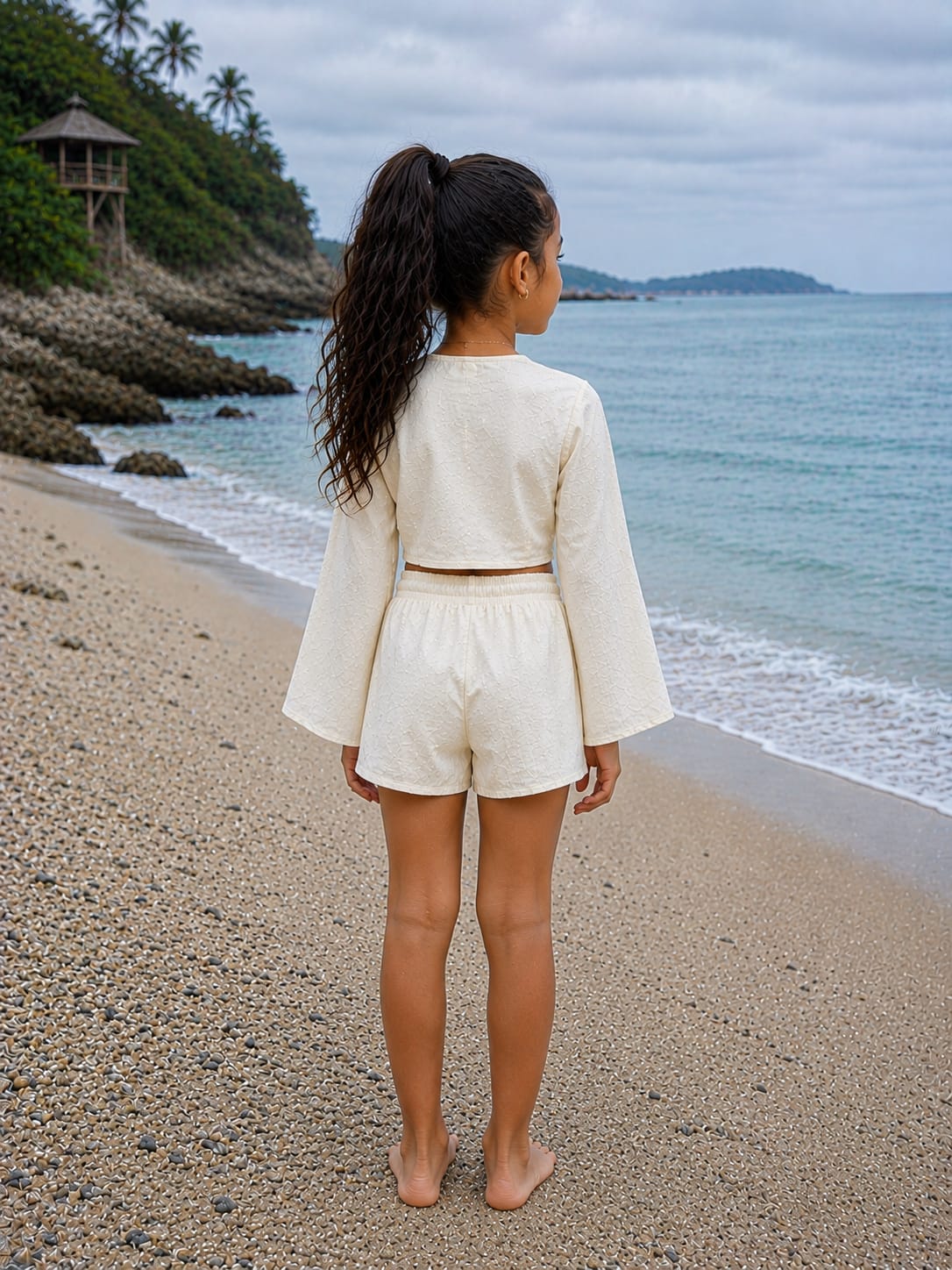 Girl’s Cream Embroidered Cotton Beach Wear Set with Bell Sleeve Tie-Up Top & Tassel Shorts