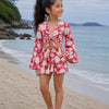 Girl’s Pink Floral Printed Cotton Beach Wear Set with Bell Sleeve Tie-Up Top & Tassel Shorts