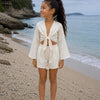 Girl’s Cream Embroidered Cotton Beach Wear Set with Bell Sleeve Tie-Up Top & Tassel Shorts
