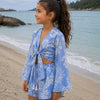 Girl’s Cream Embroidered Cotton Beach Wear Set with Bell Sleeve Tie-Up Top & Tassel Shorts