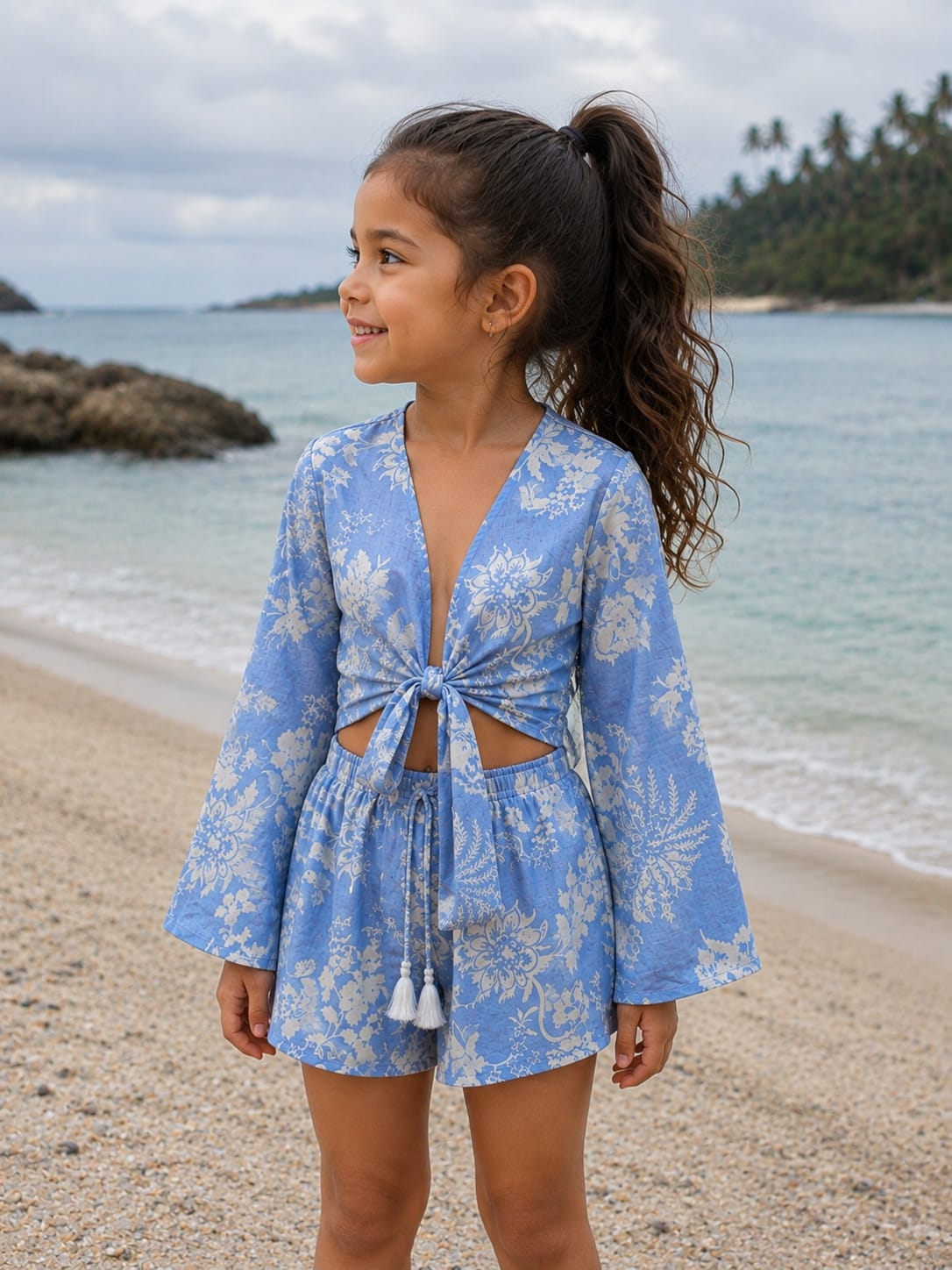 Girl’s Cream Embroidered Cotton Beach Wear Set with Bell Sleeve Tie-Up Top & Tassel Shorts
