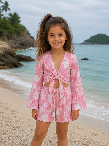 Girl’s Pink Floral Printed Cotton Beach Wear Set with Bell Sleeve Tie-Up Top & Tassel Shorts