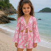 Girl’s Pink Floral Printed Cotton Beach Wear Set with Bell Sleeve Tie-Up Top & Tassel Shorts