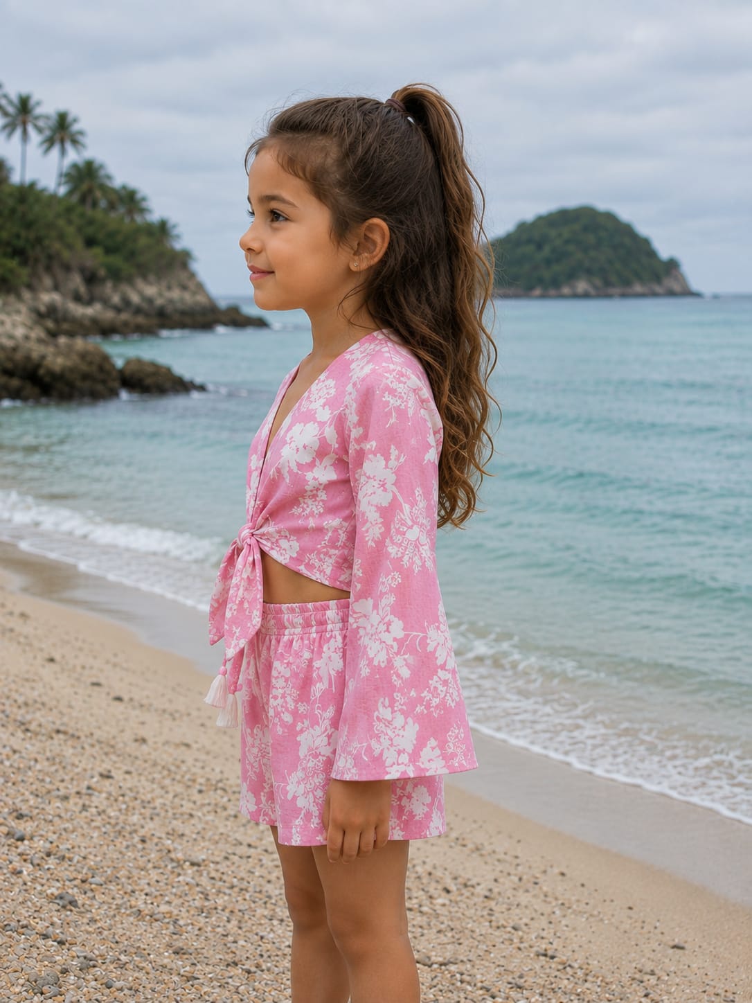 Girl’s Pink Floral Printed Cotton Beach Wear Set with Bell Sleeve Tie-Up Top & Tassel Shorts