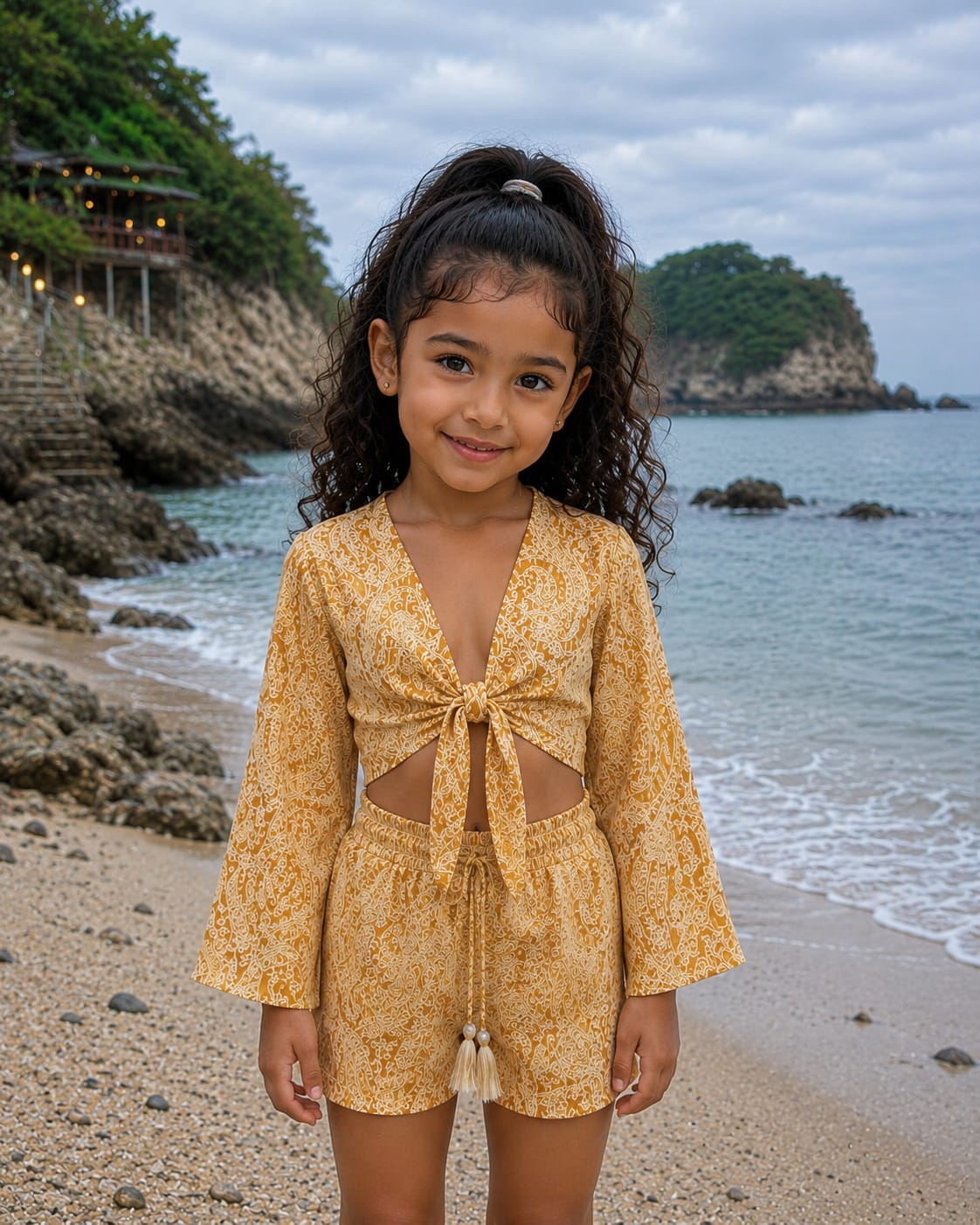 Girl’s Mustard Yellow Printed Cotton Beach Wear Set with Bell Sleeve Tie-Up Top & Tassel Shorts