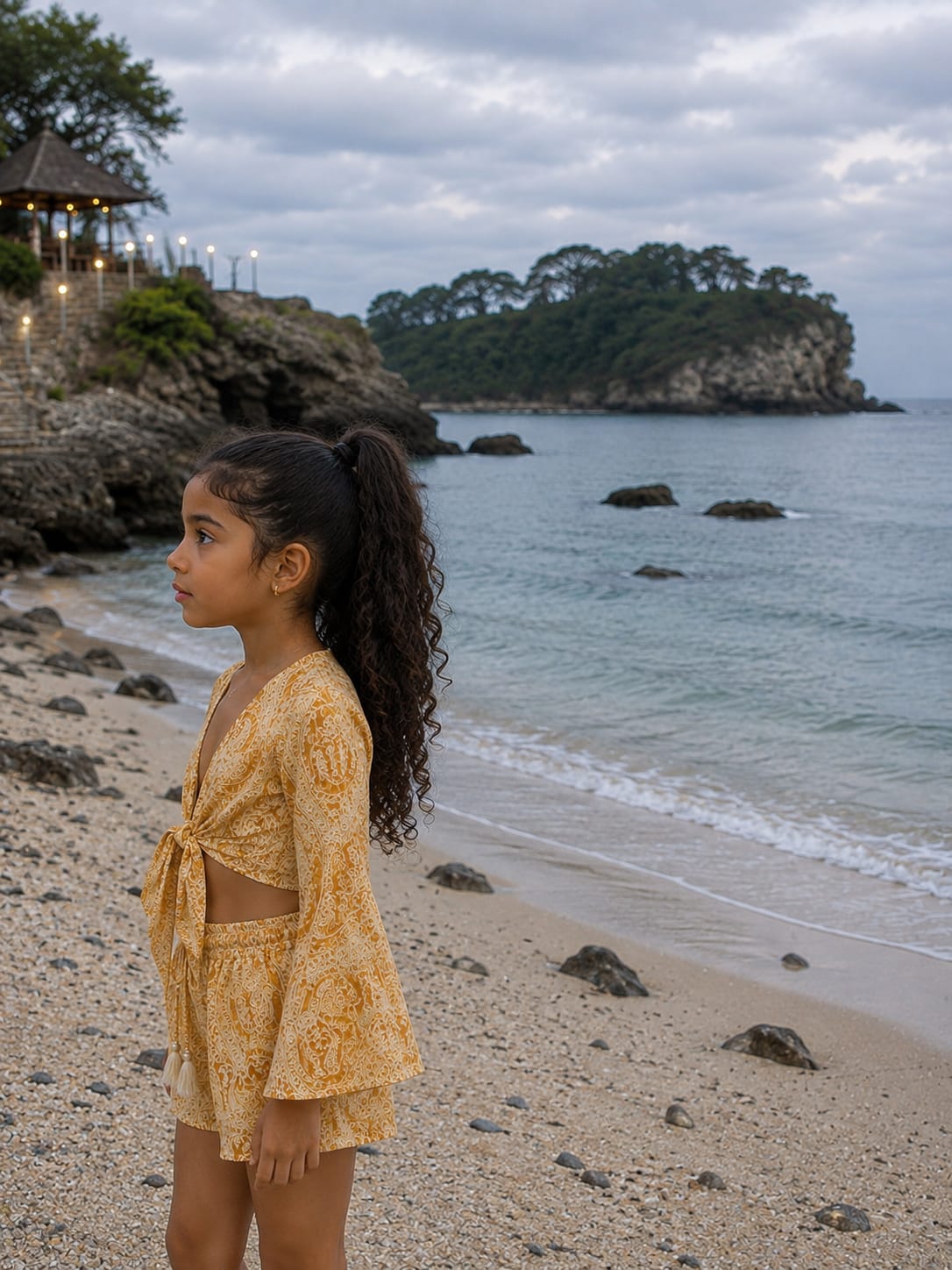 Girl’s Mustard Yellow Printed Cotton Beach Wear Set with Bell Sleeve Tie-Up Top & Tassel Shorts