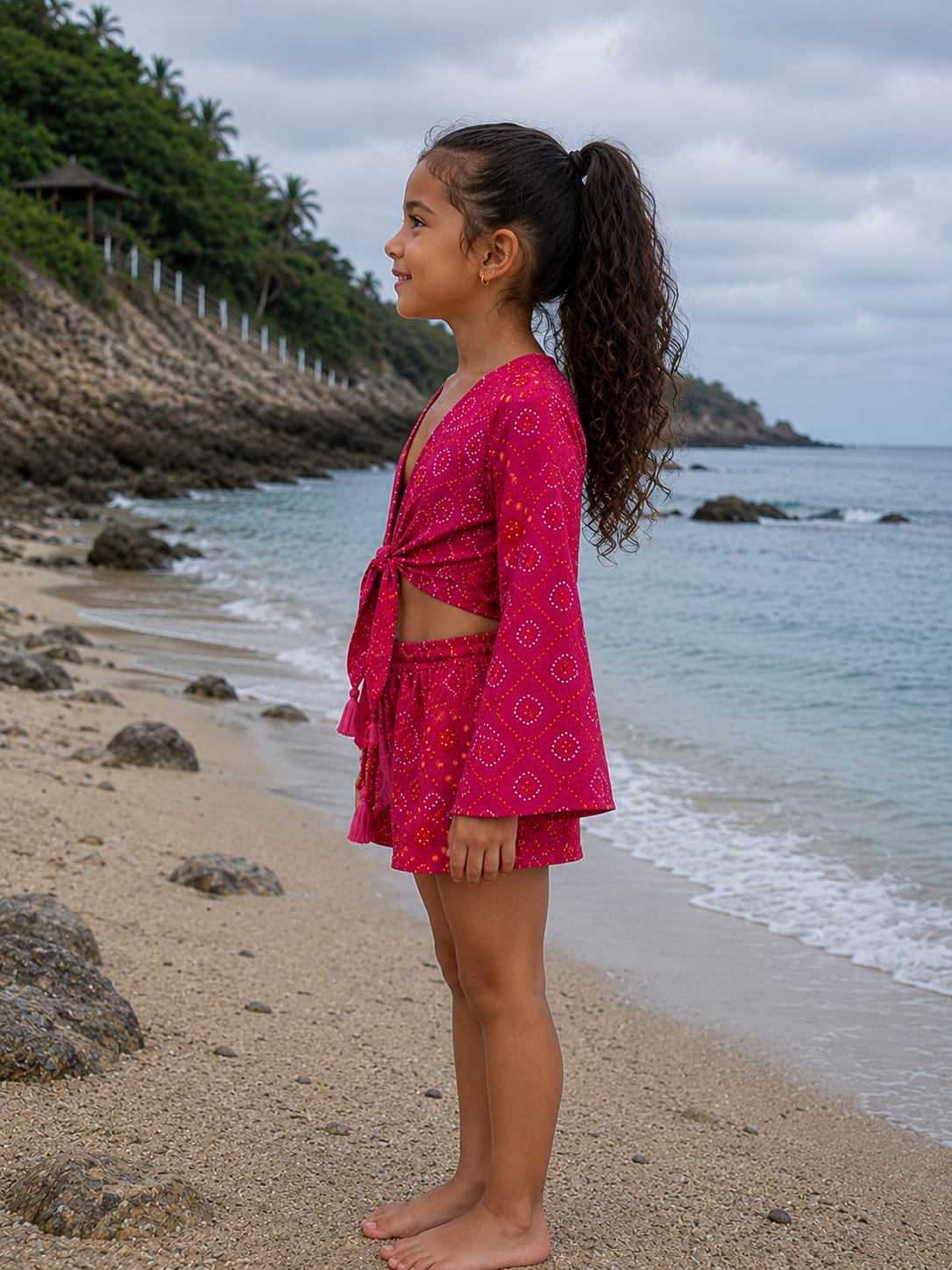 Girl’s Pink Bandhani Printed Cotton Beach Wear Set with Bell Sleeve Tie-Up Top & Tassel Shorts