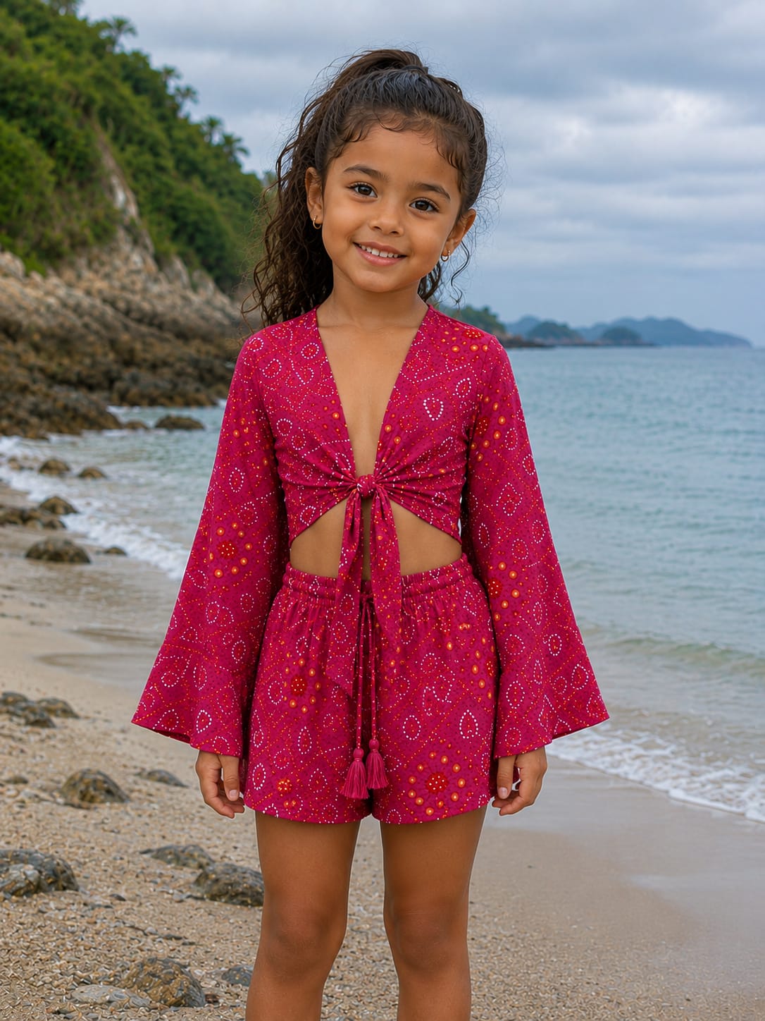 Girl’s Pink Bandhani Printed Cotton Beach Wear Set with Bell Sleeve Tie-Up Top & Tassel Shorts