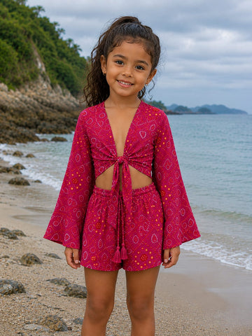 Girl’s Pink Bandhani Printed Cotton Beach Wear Set with Bell Sleeve Tie-Up Top & Tassel Shorts