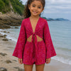 Girl’s Pink Bandhani Printed Cotton Beach Wear Set with Bell Sleeve Tie-Up Top & Tassel Shorts
