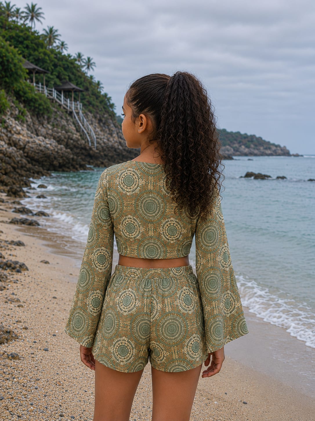 Girl’s Olive Green Geometric Printed Cotton Beach Wear Set with Bell Sleeve Tie-Up Top & Tassel Shorts
