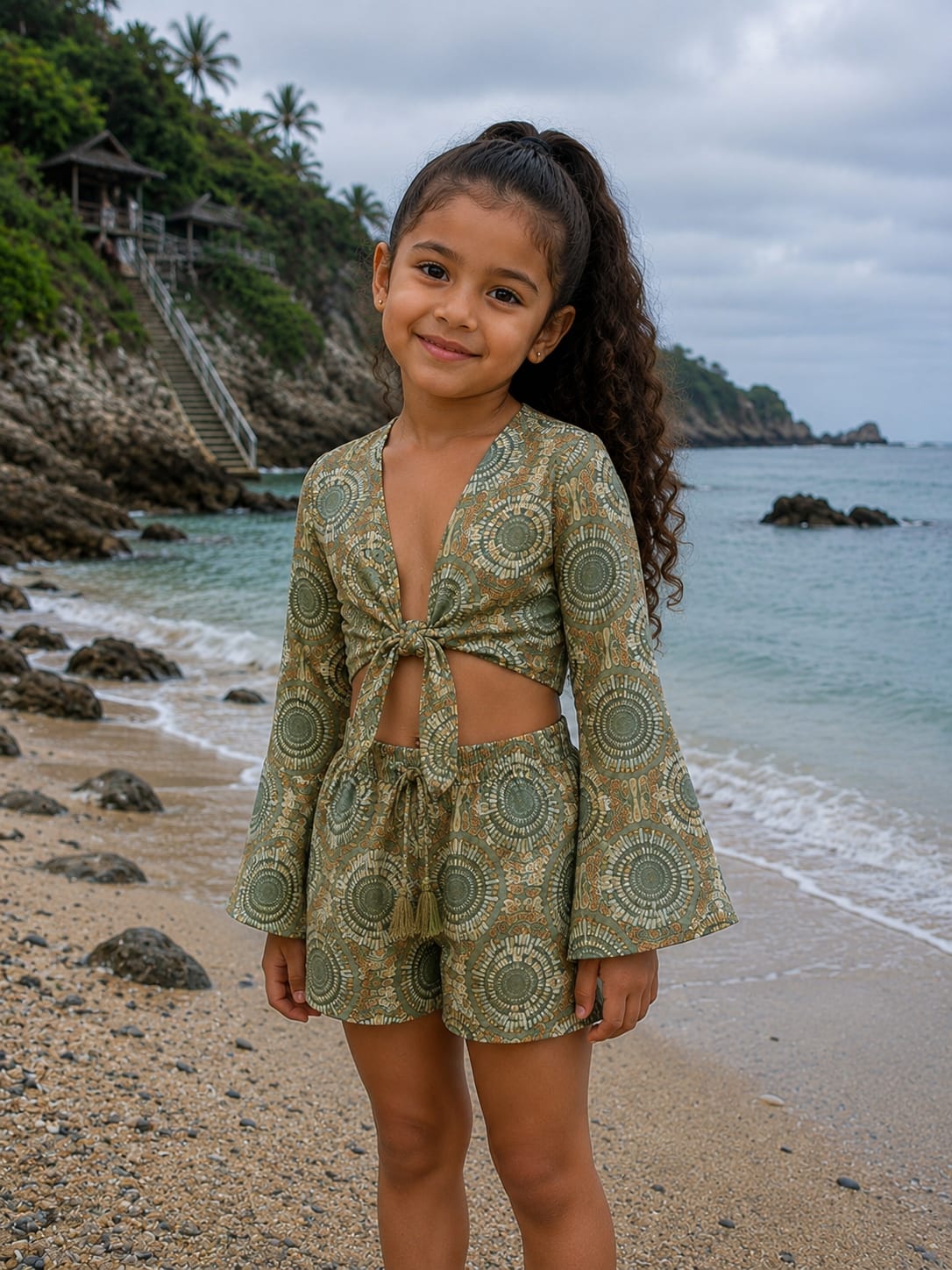 Girl’s Olive Green Geometric Printed Cotton Beach Wear Set with Bell Sleeve Tie-Up Top & Tassel Shorts