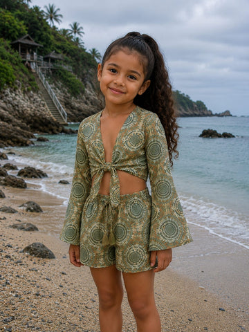 Girl’s Olive Green Geometric Printed Cotton Beach Wear Set with Bell Sleeve Tie-Up Top & Tassel Shorts