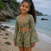Girl’s Olive Green Geometric Printed Cotton Beach Wear Set with Bell Sleeve Tie-Up Top & Tassel Shorts