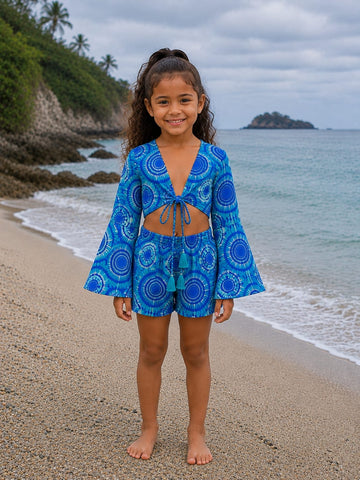 Girl’s Blue Geometric Printed Cotton Beach Wear Set with Bell Sleeve Tie-Up Top & Tassel Shorts