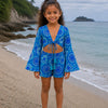 Girl’s Blue Geometric Printed Cotton Beach Wear Set with Bell Sleeve Tie-Up Top & Tassel Shorts