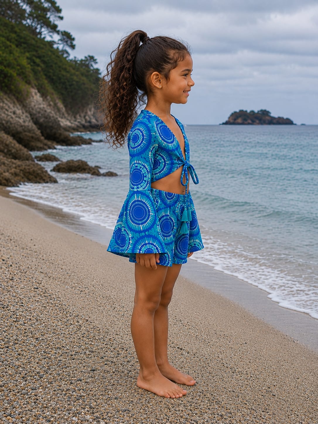 Girl’s Blue Geometric Printed Cotton Beach Wear Set with Bell Sleeve Tie-Up Top & Tassel Shorts