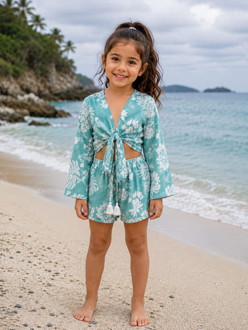 Girl’s Aqua Blue Floral Printed Cotton Beach Wear Set with Bell Sleeve Tie-Up Top & Tassel Shorts